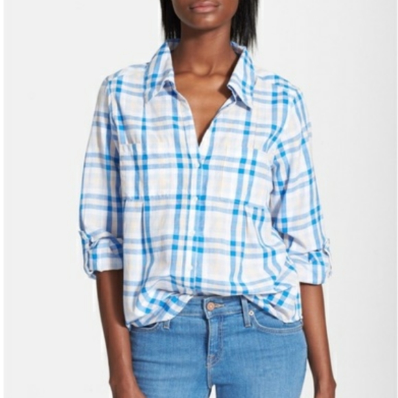 Joie blue plaid peplum top - Picture 1 of 7